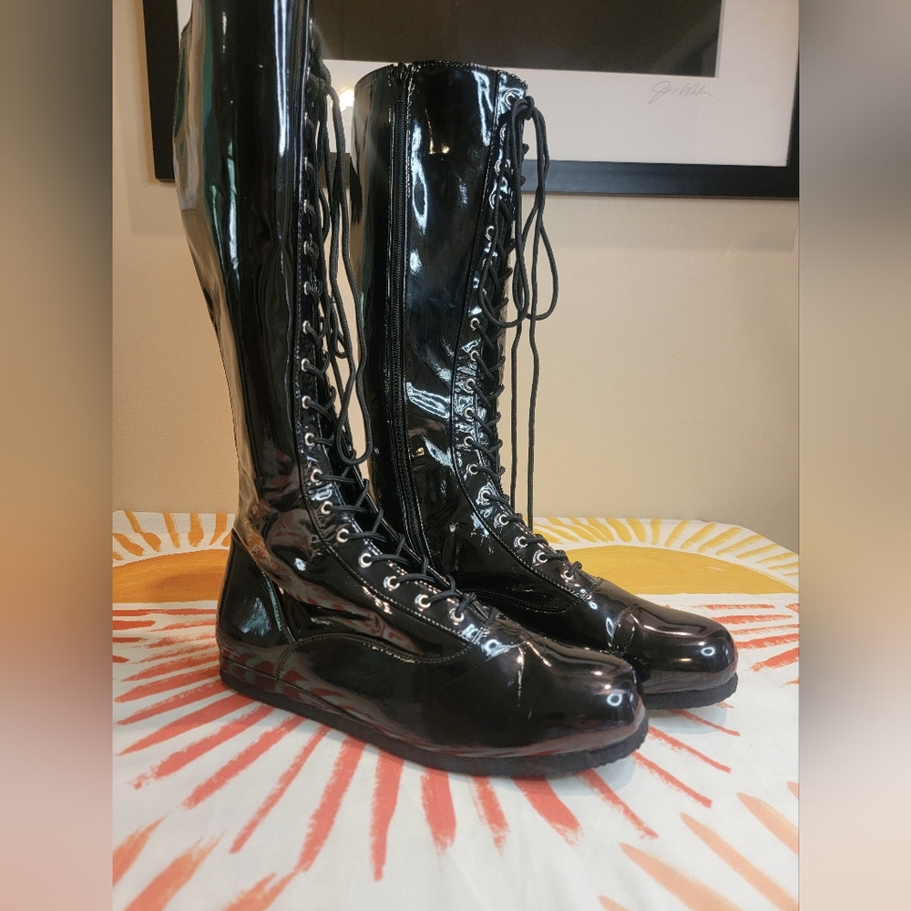 Black Patent Leather Wrestling Boots For Cosplay/Costume Large 12-13